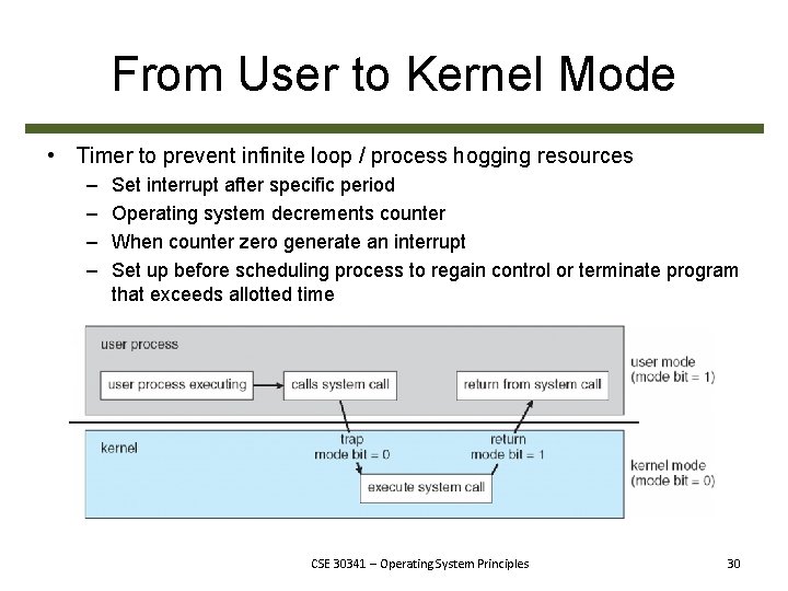 From User to Kernel Mode • Timer to prevent infinite loop / process hogging