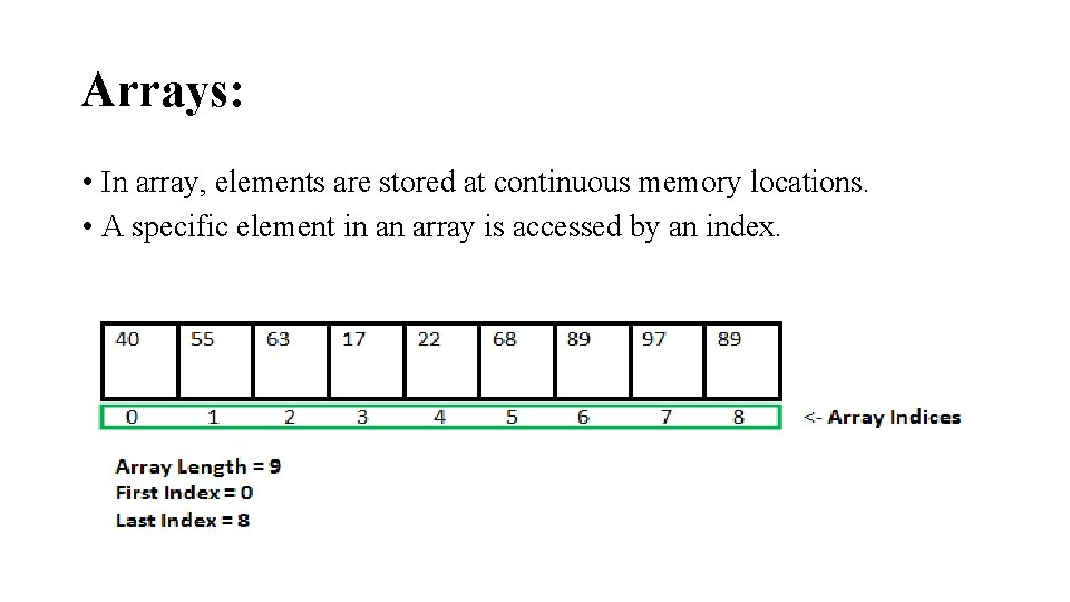 Arrays: • In array, elements are stored at continuous memory locations. • A specific