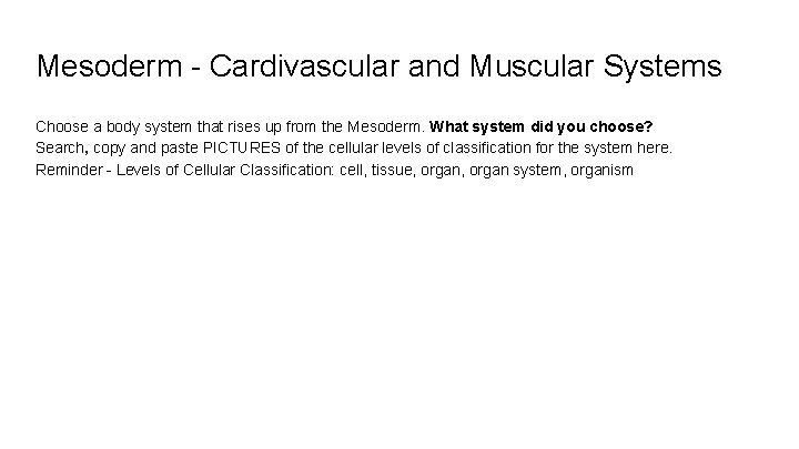 Mesoderm - Cardivascular and Muscular Systems Choose a body system that rises up from Mesoderm - Cardivascular and Muscular Systems Choose a body system that rises up from
