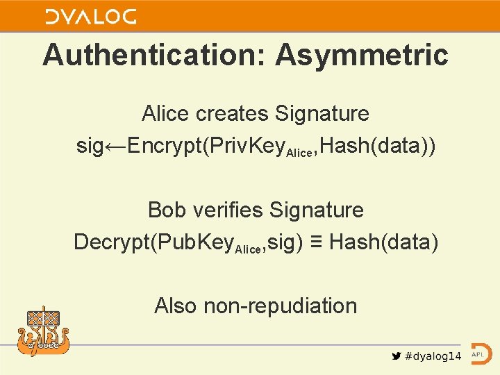 Authentication: Asymmetric Alice creates Signature sig←Encrypt(Priv. Key. Alice, Hash(data)) Bob verifies Signature Decrypt(Pub. Key.