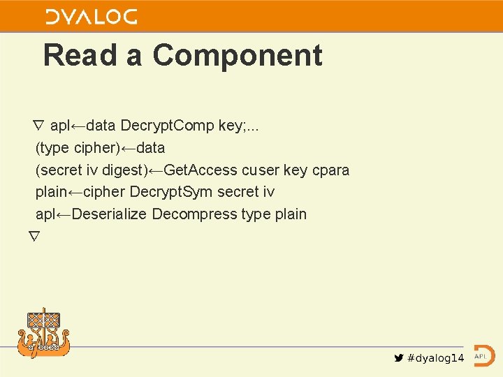 Read a Component ∇ apl←data Decrypt. Comp key; . . . (type cipher)←data (secret