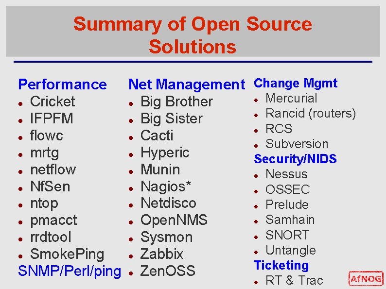 Summary of Open Source Solutions Performance Net Management Change Mgmt Mercurial Cricket Big Brother