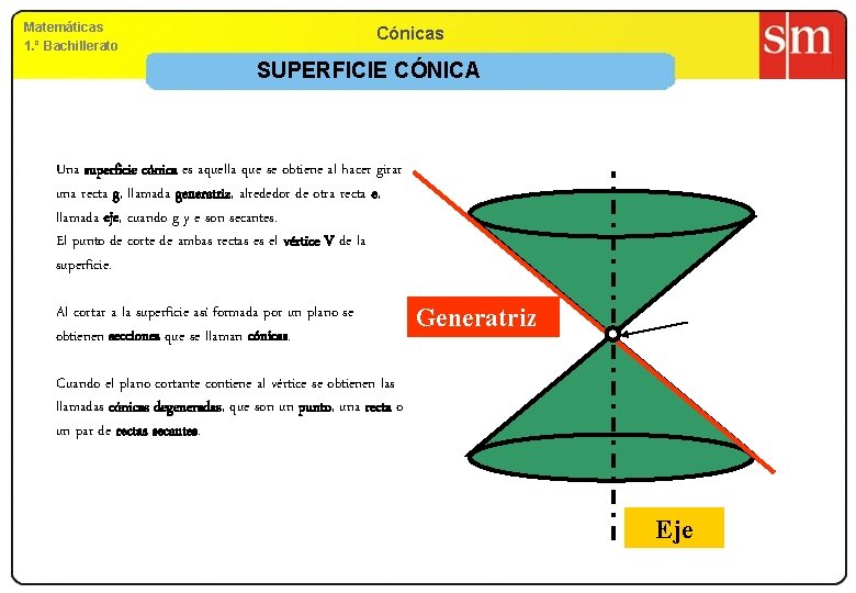 Matemáticas 1. º Bachillerato Cónicas SUPERFICIE CÓNICA Una superficie cónica es aquella que se