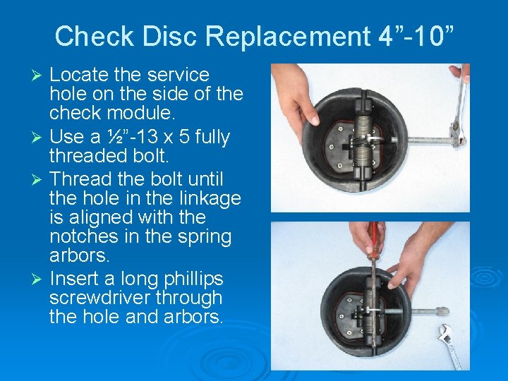 Check Disc Replacement 4”-10” Locate the service hole on the side of the check