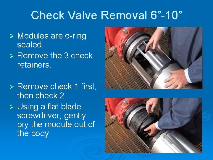 Check Valve Removal 6”-10” Modules are o-ring sealed. Ø Remove the 3 check retainers.