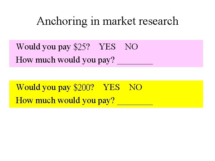 Anchoring in market research Would you pay $25? YES NO How much would you