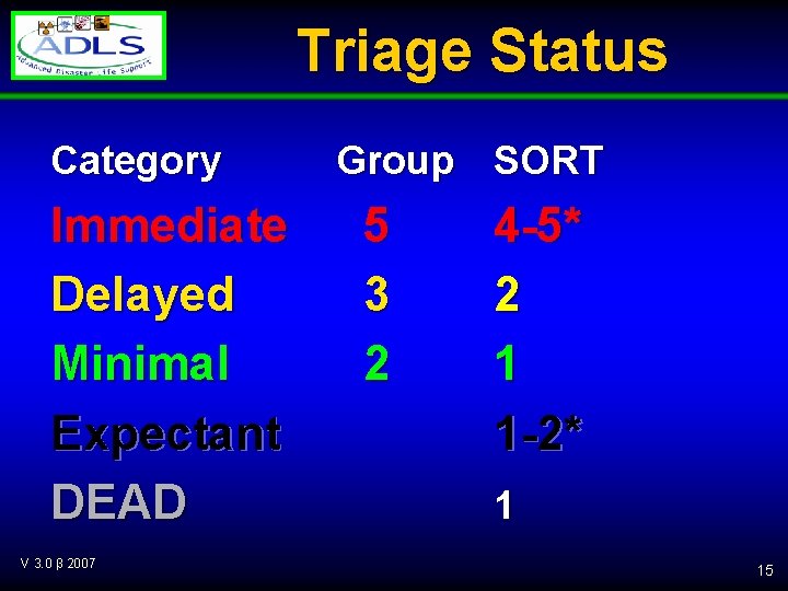 Triage Status Category Immediate Delayed Minimal Expectant DEAD V 3. 0 β 2007 Group