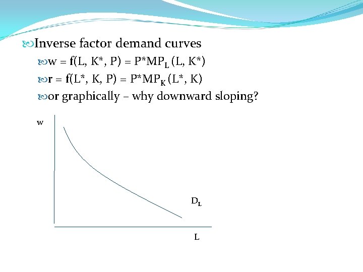  Inverse factor demand curves w = f(L, K*, P) = P*MPL (L, K*)