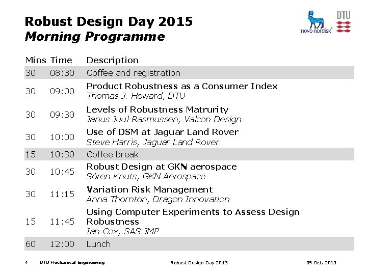 Robust Design Day 2015 Morning Programme Mins Time Description 30 08: 30 Coffee and