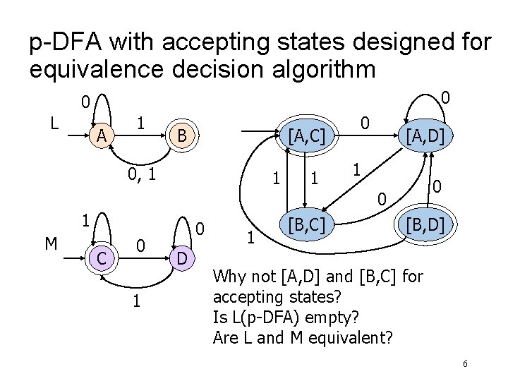 p-DFA with accepting states designed for equivalence decision algorithm 0 0 L A 1