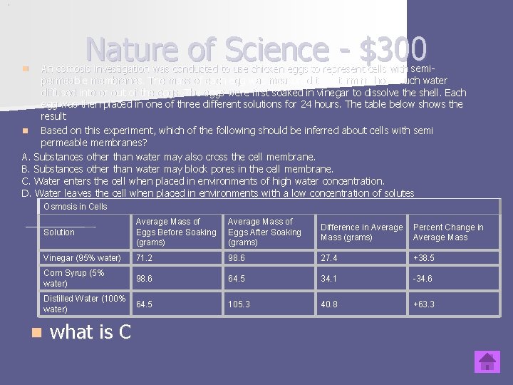 Nature of Science - $300 An osmosis investigation was conducted to use chicken eggs