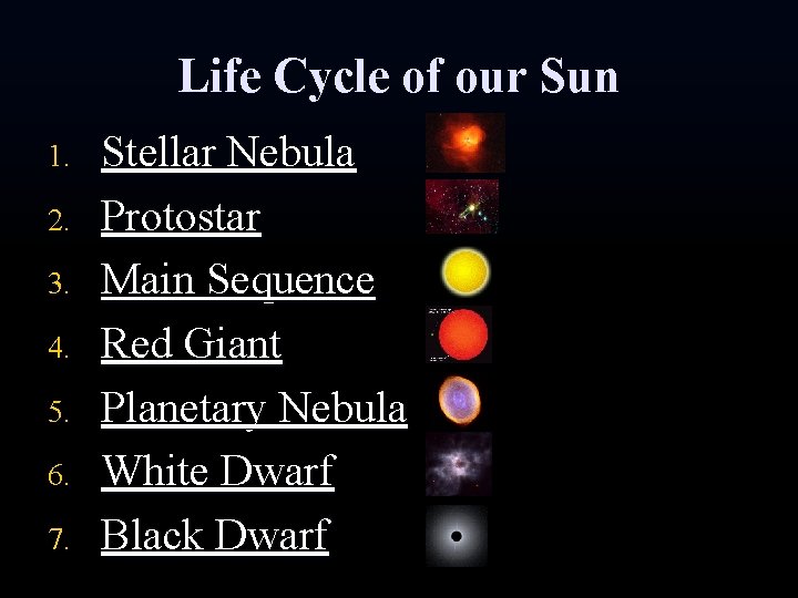 Life Cycle of our Sun 1. 2. 3. 4. 5. 6. 7. Stellar Nebula