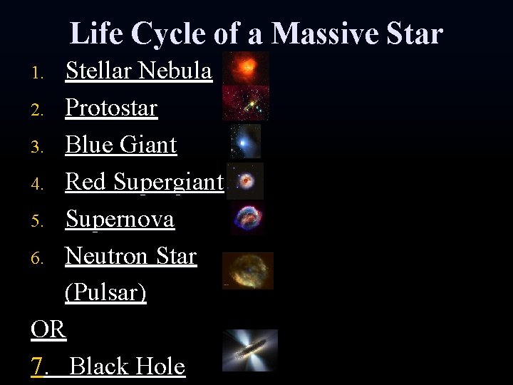 Life Cycle of a Massive Star Stellar Nebula 2. Protostar 3. Blue Giant 4.