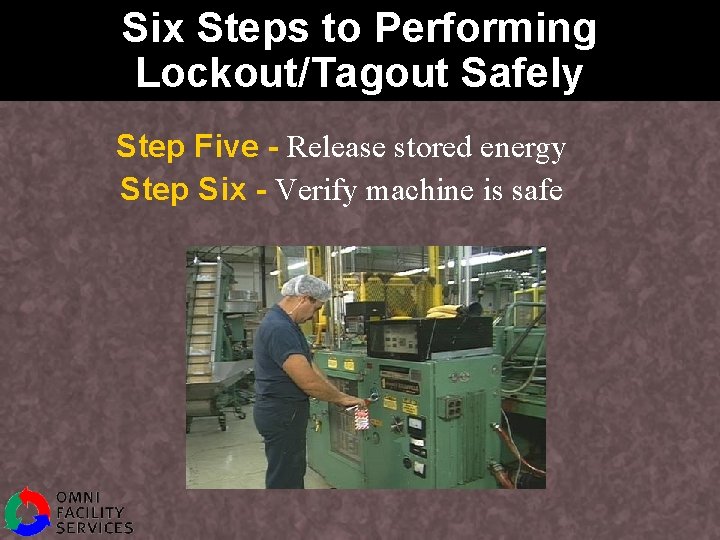 Six Steps to Performing Lockout/Tagout Safely Step Five - Release stored energy Step Six