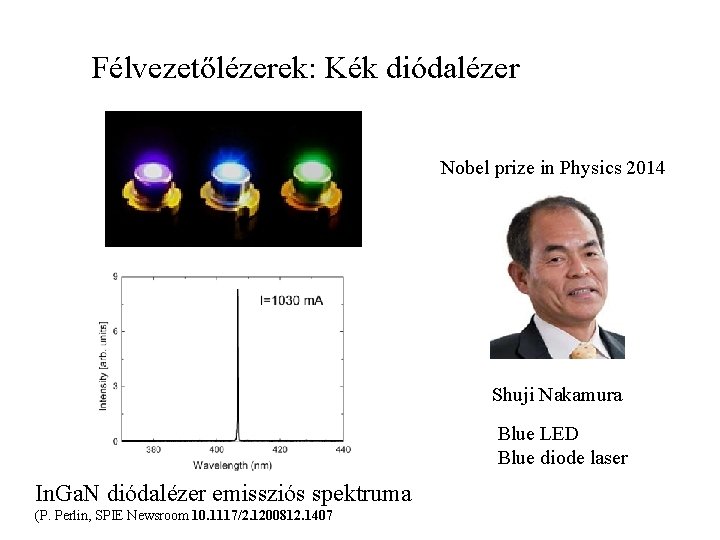 Félvezetőlézerek: Kék diódalézer Nobel prize in Physics 2014 Shuji Nakamura Blue LED Blue diode