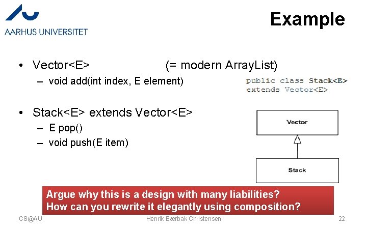 Example • Vector<E> (= modern Array. List) – void add(int index, E element) •