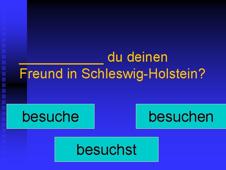 ______ du deinen Freund in Schleswig-Holstein? besuche besuchst besuchen 