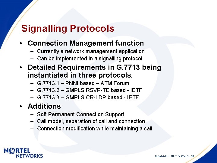 Signalling Protocols • Connection Management function – Currently a network management application – Can