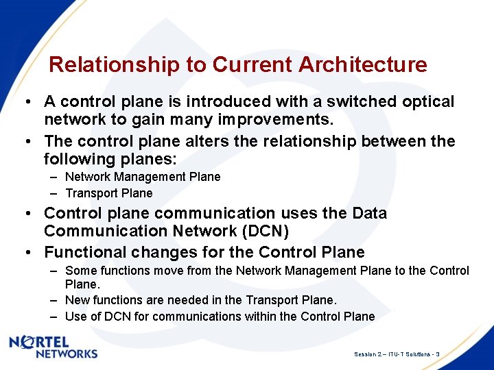 Relationship to Current Architecture • A control plane is introduced with a switched optical