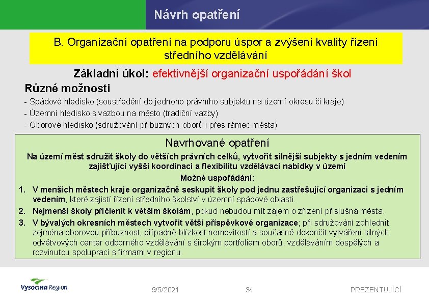 Návrh opatření B. Organizační opatření na podporu úspor a zvýšení kvality řízení středního vzdělávání