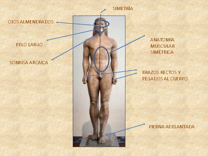 SIMETRÍA OJOS ALMENDRADOS PELO LARGO ANATOMÍA MUSCULAR SIMÉTRICA SONRISA ARCAICA BRAZOS RECTOS Y PEGADOS