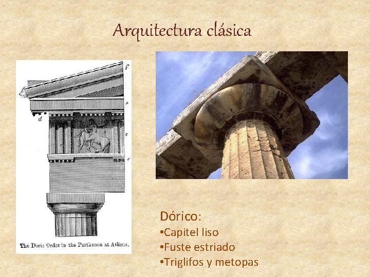 Arquitectura clásica Dórico: • Capitel liso • Fuste estriado • Triglifos y metopas 