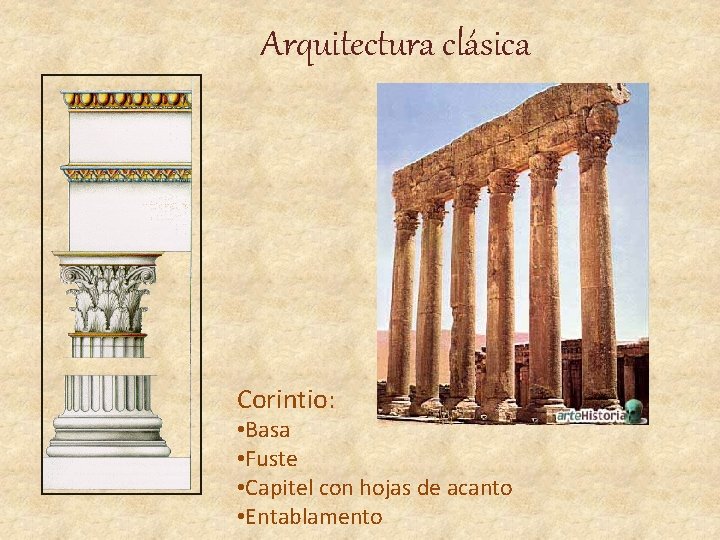 Arquitectura clásica Corintio: • Basa • Fuste • Capitel con hojas de acanto •