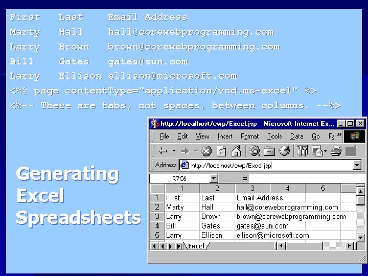 First Last Email Address Marty Hall hall@corewebprogramming. com Larry Brown brown@corewebprogramming. com Bill Gates First Last Email Address Marty Hall hall@corewebprogramming. com Larry Brown brown@corewebprogramming. com Bill Gates