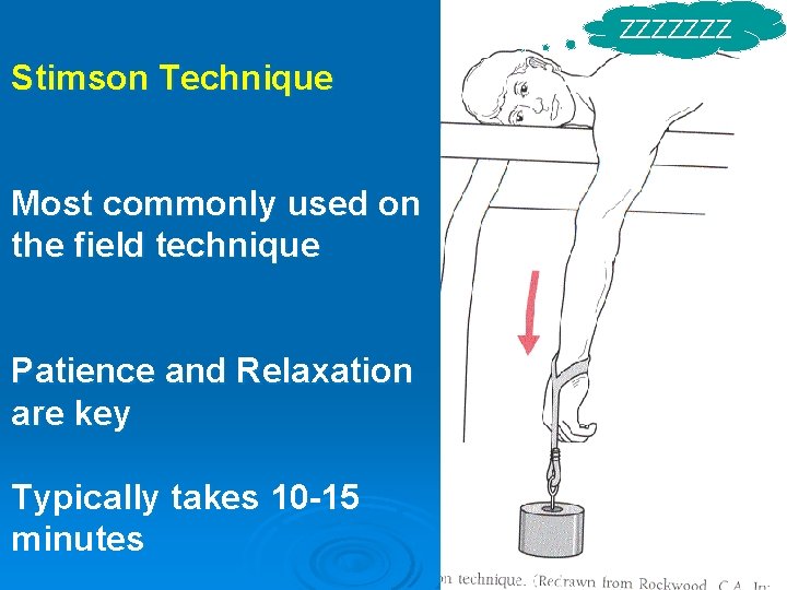 ZZZZZZZ Stimson Technique Most commonly used on the field technique Patience and Relaxation are