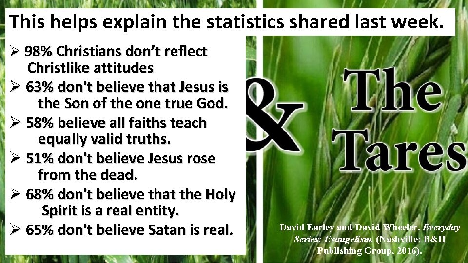 This helps explain the statistics shared last week. Ø 98% Christians don’t reflect Christlike