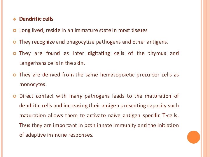 v Dendritic cells Long lived, reside in an immature state in most tissues They