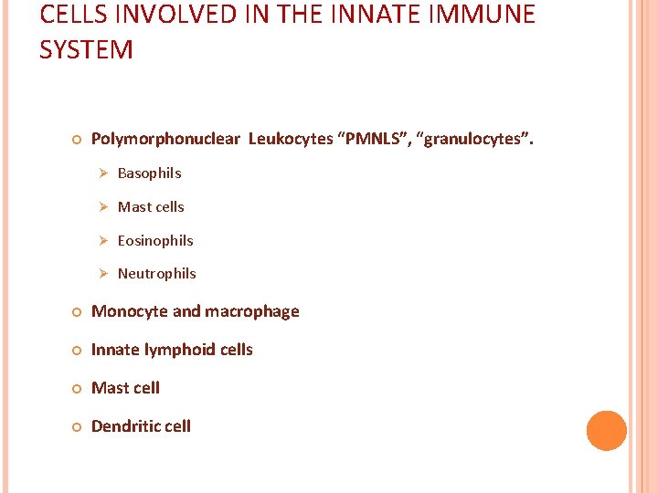 CELLS INVOLVED IN THE INNATE IMMUNE SYSTEM Polymorphonuclear Leukocytes “PMNLS”, “granulocytes”. Ø Basophils Ø