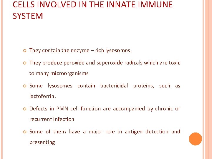 CELLS INVOLVED IN THE INNATE IMMUNE SYSTEM They contain the enzyme – rich lysosomes.
