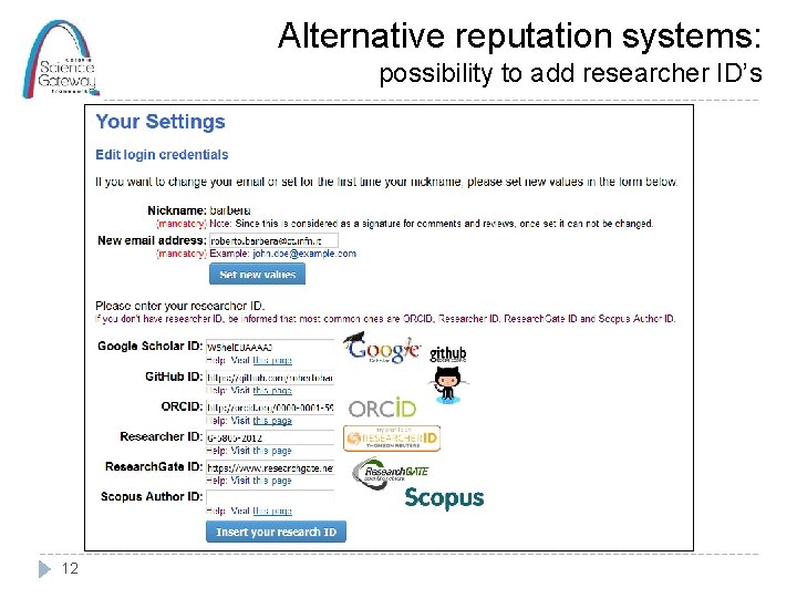 Alternative reputation systems: possibility to add researcher ID’s 12 