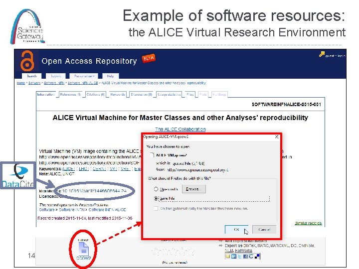 Example of software resources: the ALICE Virtual Research Environment 14 