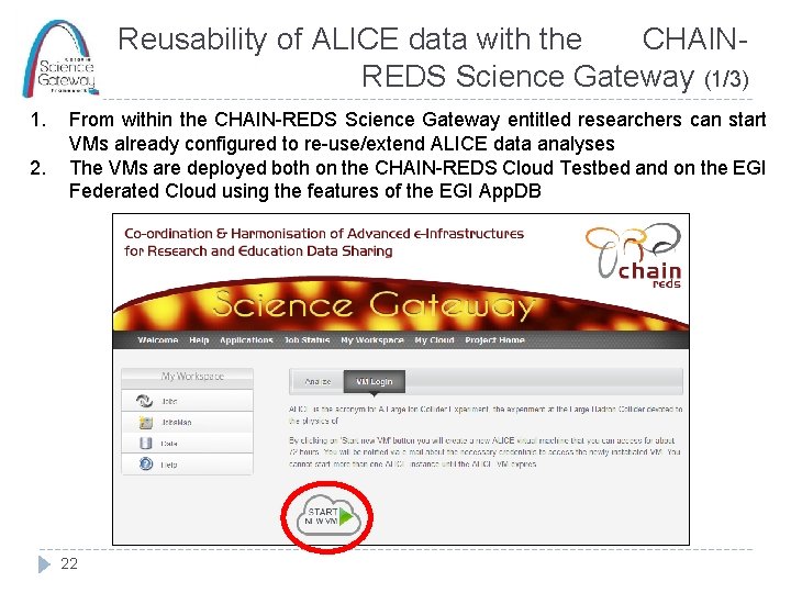 Reusability of ALICE data with the CHAINREDS Science Gateway (1/3) 1. 2. From within