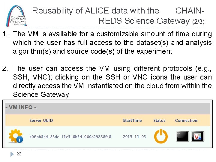 Reusability of ALICE data with the CHAINREDS Science Gateway (2/3) 1. The VM is