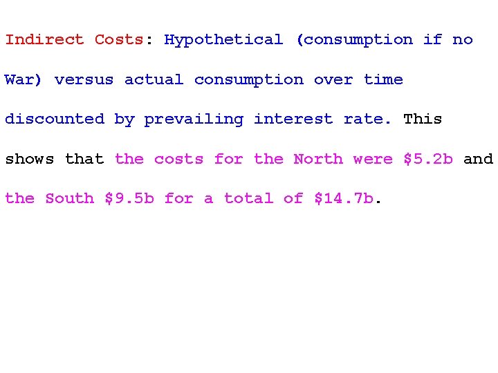 Indirect Costs: Hypothetical (consumption if no War) versus actual consumption over time discounted by