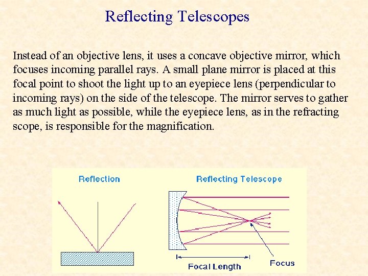 Reflecting Telescopes Instead of an objective lens, it uses a concave objective mirror, which