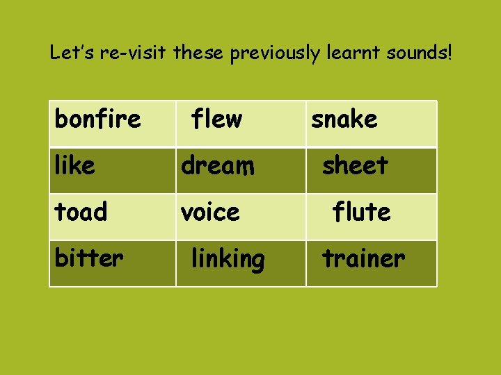 Let’s re-visit these previously learnt sounds! bonfire flew snake like dream sheet toad voice Let’s re-visit these previously learnt sounds! bonfire flew snake like dream sheet toad voice