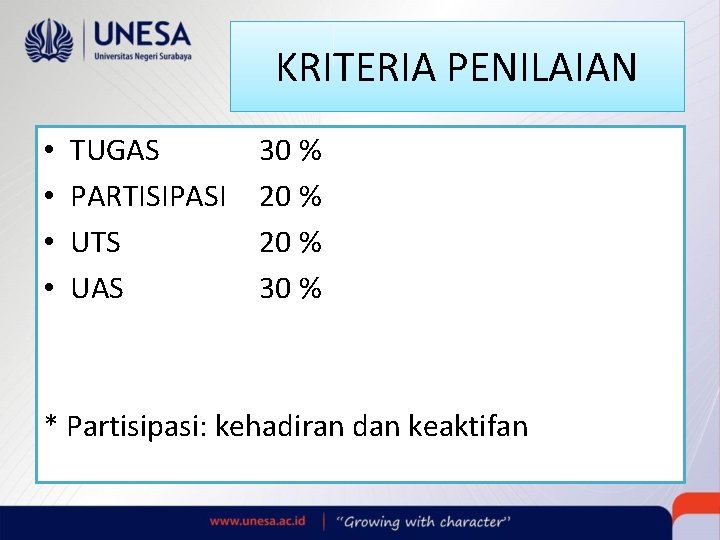 KRITERIA PENILAIAN • • TUGAS PARTISIPASI UTS UAS 30 % 20 % 30 %