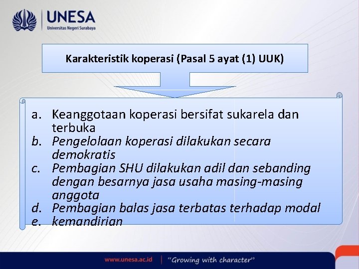 Karakteristik koperasi (Pasal 5 ayat (1) UUK) a. Keanggotaan koperasi bersifat sukarela dan terbuka