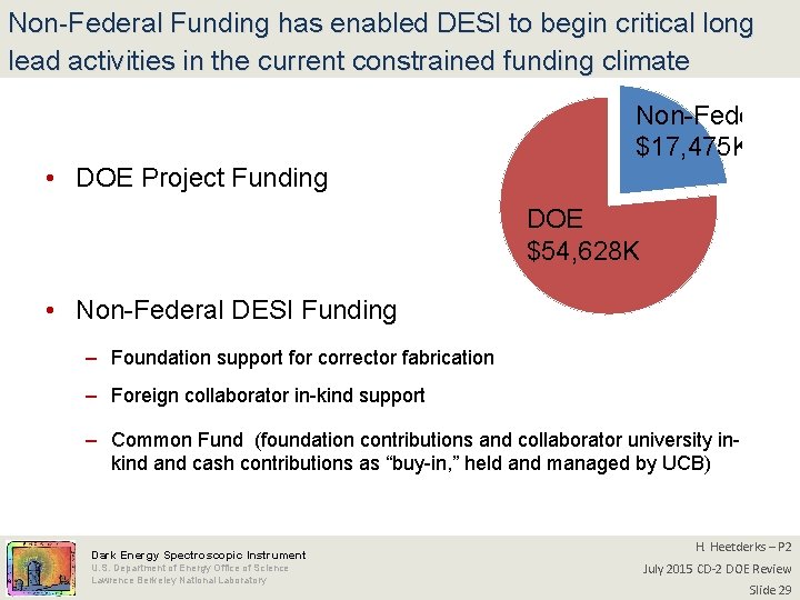 Non-Federal Funding has enabled DESI to begin critical long lead activities in the current