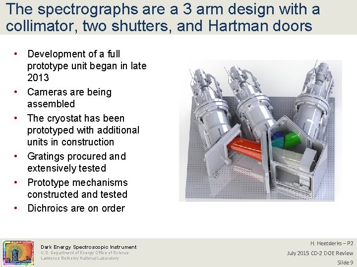 The spectrographs are a 3 arm design with a collimator, two shutters, and Hartman