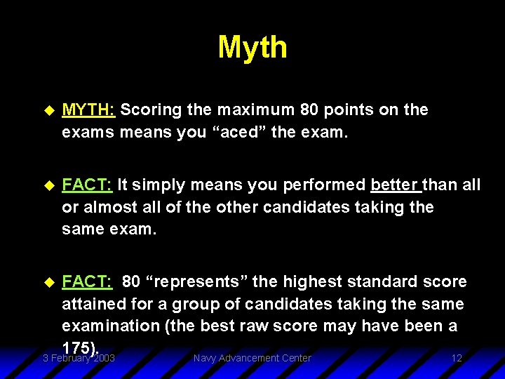 Myth u MYTH: Scoring the maximum 80 points on the exams means you “aced”