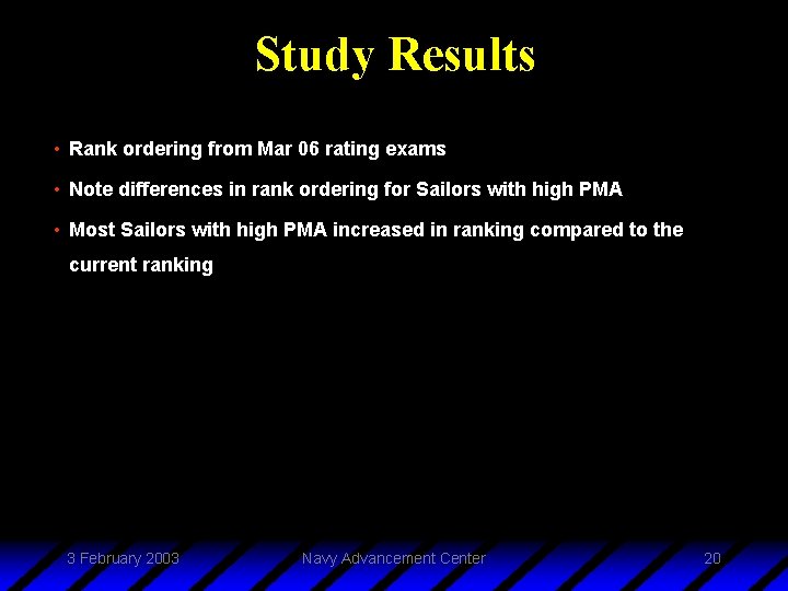Study Results • Rank ordering from Mar 06 rating exams • Note differences in