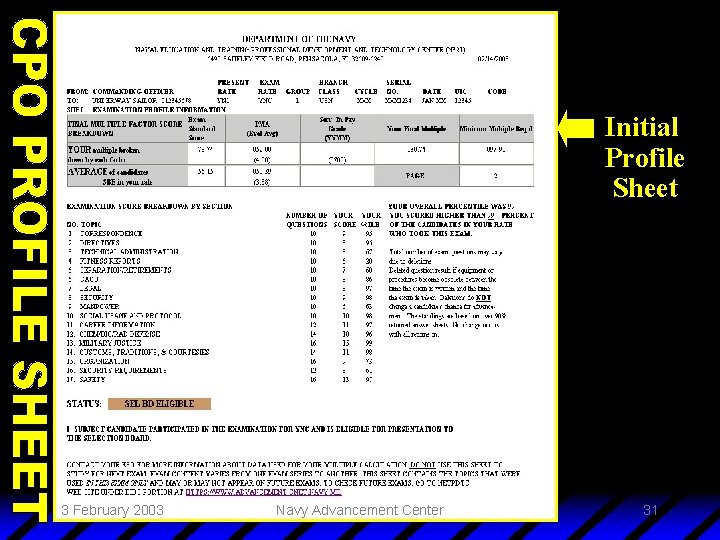 Initial Profile Sheet 3 February 2003 Navy Advancement Center 31 