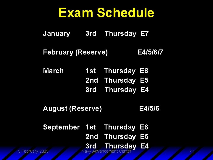Exam Schedule January 3 rd Thursday E 7 February (Reserve) March E 4/5/6/7 1