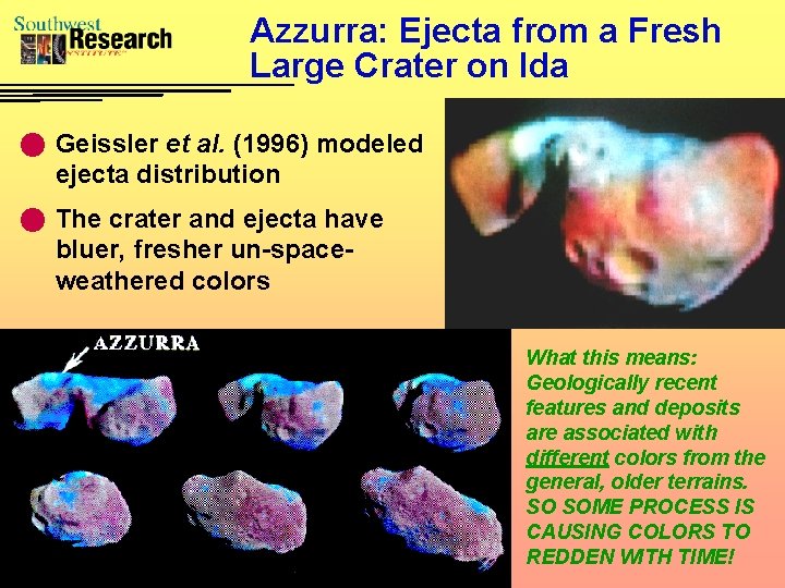 Azzurra: Ejecta from a Fresh Large Crater on Ida n Geissler et al. (1996)