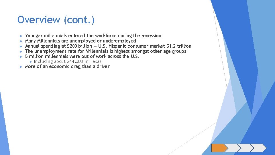 Overview (cont. ) Younger millennials entered the workforce during the recession Many Millennials are